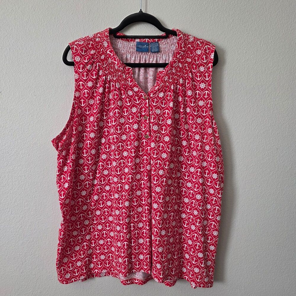 Caribbean Joe Red Sleeveless Blouse with White Anchor Nautical Print